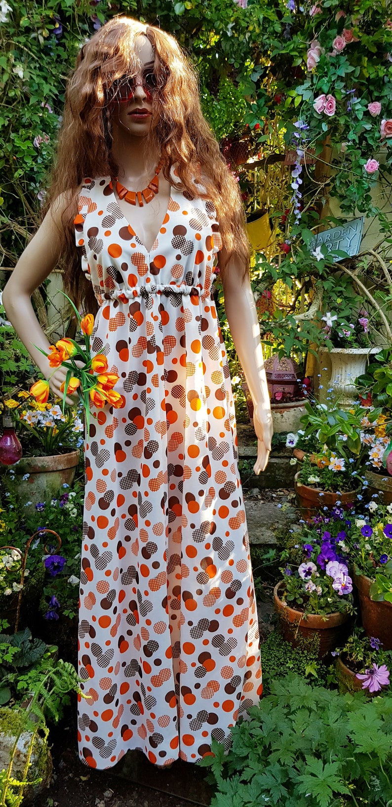 UK 6/8 US 2/4 Gorgeous Vintage 1970s Handmade White, Orange and Brown Spot / Circle / Polka Dot Print Halter Maxi Dress with Ruffles image 1