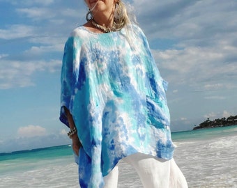 Tie Dye Linen Top, One Size, Loose Fit Tunic