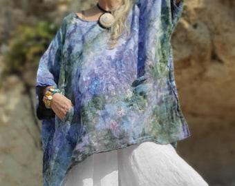 Ice Dye Loose Fit Linen Top, Monet