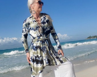 Elegant SAGE & BLACK Tie Dye Wrap Cardigan or Tunic