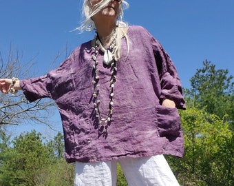 Hand Dyed Distressed Dusty Purple Linen Top, One Size