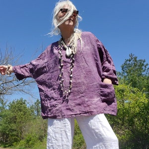 pure linen tunic top, one size, hand dyed in dusty purple, with 2 front pockets