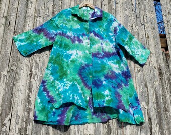 Plus Size Tie Dye Button Down Linen Shirt, Color Emerald Coast