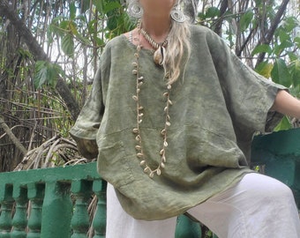 Distressed SAGE Linen Tunic with Pockets, One Size