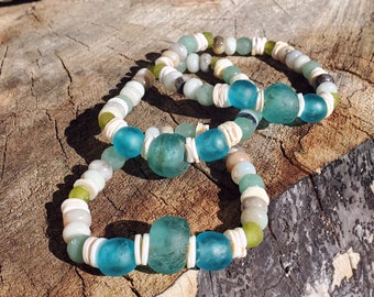 Recycled Glass, Gems & Shell Beads Bracelet