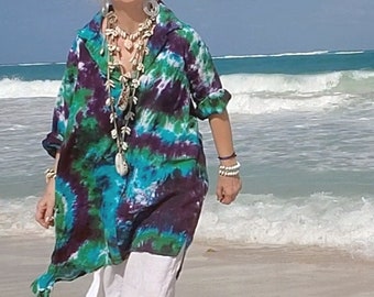 Plus Size Tie Dye Linen Shirt in NORTHERN LIGHTS