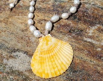 YELLOW Shell Pendant Mermaid Necklace with Pearls