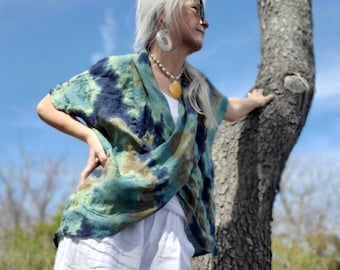 Twist Front Linen Top in Green-Blue Tie Dye