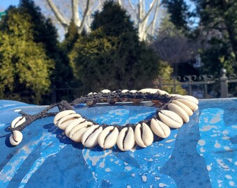 Unisex Cowrie Shells & Black Hemp Anklet