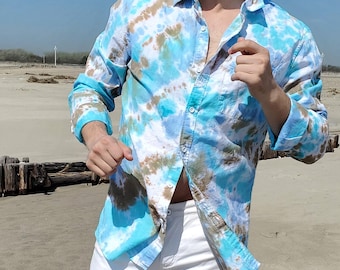 Camisa de vestir de lino y algodón con estampado tie-dye para bodas en la playa, tallas S-XXXL