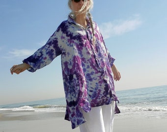 Hi Low Linen Tie Dye Tunic with Button Front