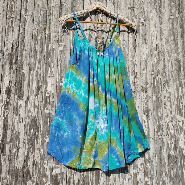 Tie Dye Loose Tunic or Mini Dress with Adjustable Straps, SEAWEED