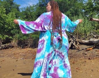 Pretty Hand Dyed Kimono Robe in Aqua & Purples