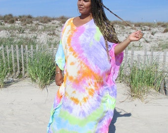 Rainbow Tie-Dye Rayon Kaftan Dress: Plus Size Boho Loungewear