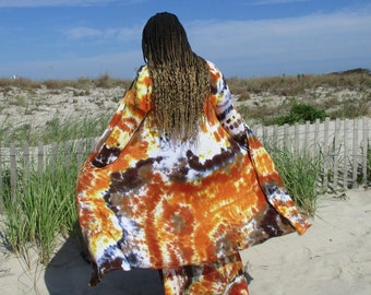 Plus Curvy Style Long Cardigan Duster, Vibrant Earthy Tie Dye, Fall Colors, S-3XL