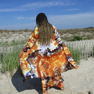 Plus Curvy Style Long Cardigan Duster, Vibrant Earthy Tie Dye, Fall Colors, S-3XL