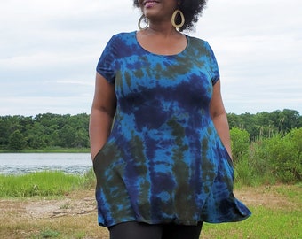 Cute A-Line Tunic with Pockets in PEACOCK Tie Dye