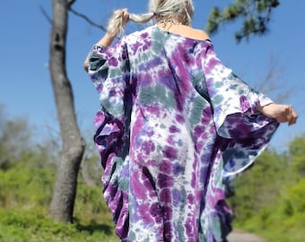 L-4X Tie Dye Cotton Gauze Kaftan Dress with Ruffles, PLUS SIZES!