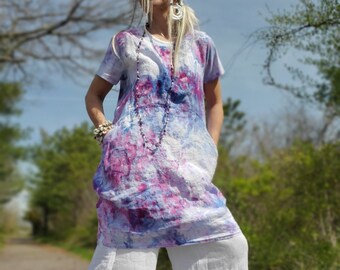 Short Sleeve Linen Ice Dye Mini Dress or Tunic