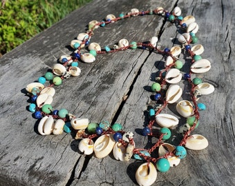 Cowrie Shells with Gemstone Beads Long Necklace