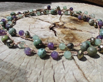 African Turquoise & Amethyst Long Crocheted Necklace