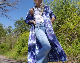 Purple Tie Dye Linen Duster with Pockets