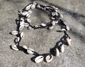 Black or Grey Hemp Cowrie Shells Long Necklace