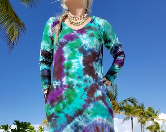 Tie Dye Long Sleeve Beach Dress with Hood, S-4X