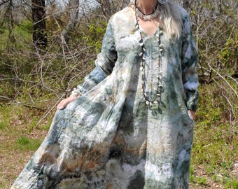 Green Ice Dye Linen Dress, Plus Style