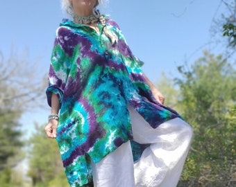 Plus Size Tie Dye Linen Shirt in NORTHERN LIGHTS