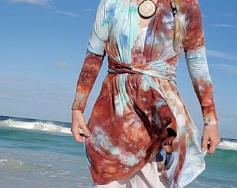 Cardigan Wrap with a Belt in Ice Dye Watercolors, S-2XL