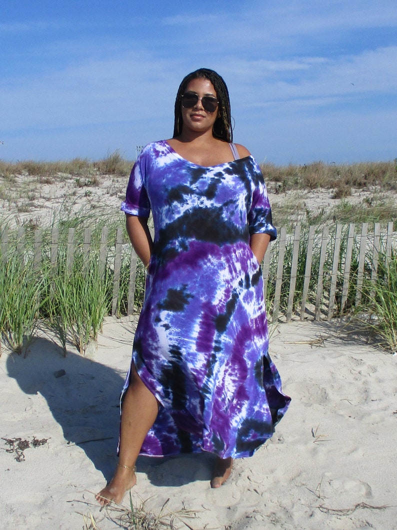 Plus Purple Maxi Dress, Tie Dye Dress with Pockets, Plus Size Tie Dye, S-4XL, Curvy image 7