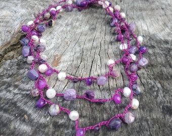 Long Layering Necklace with Sugilite & Pearls