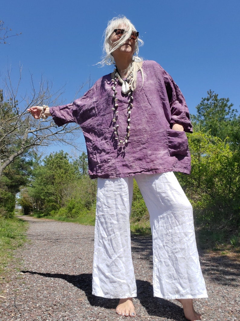 pure linen tunic top, one size, hand dyed in dusty purple, with 2 front pockets