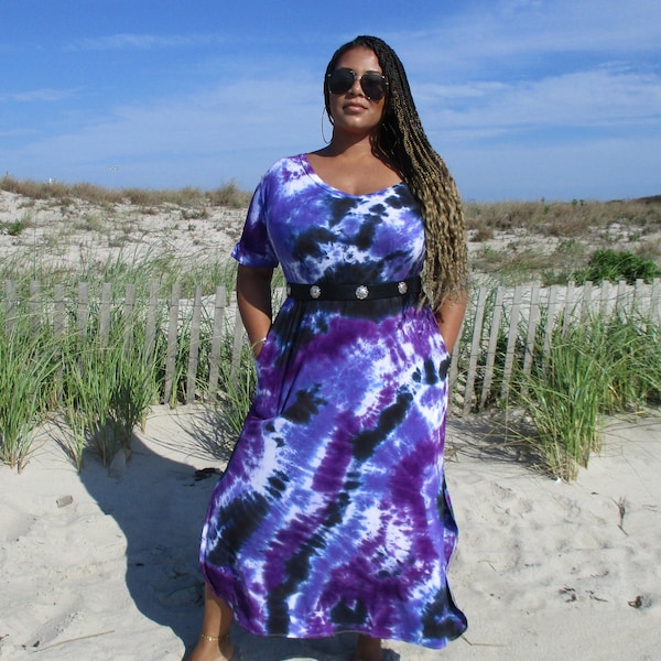 Plus Purple Maxi Dress, Tie Dye Dress with Pockets, Plus Size Tie Dye, S-4XL, Curvy