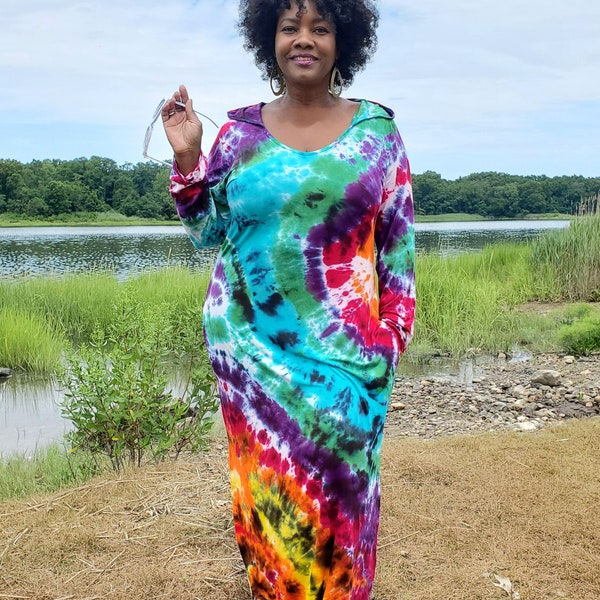 Hooded Long Sleeve Tie Dye Maxi Dress in Rainbow Tie Dye