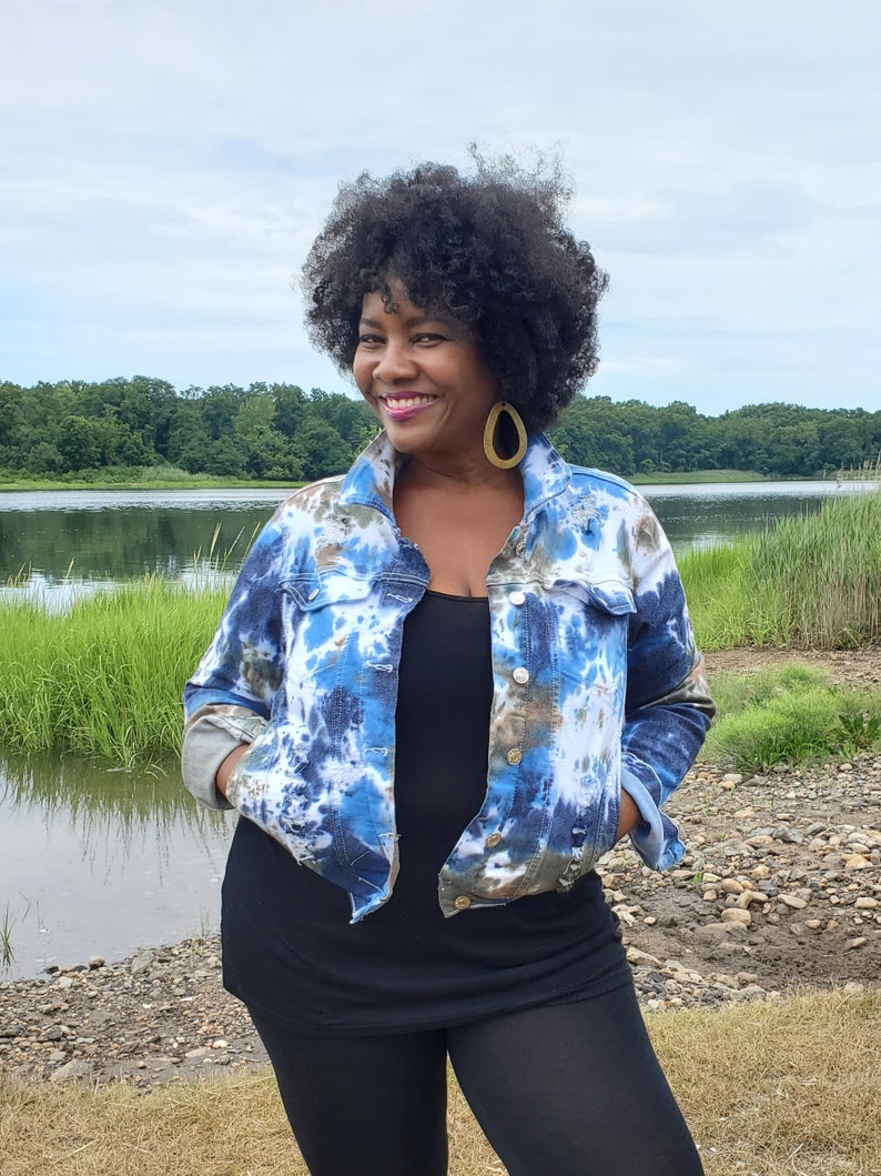 Crop Denim jacket in Earthy Tie Dye S-XL XL US women's letter