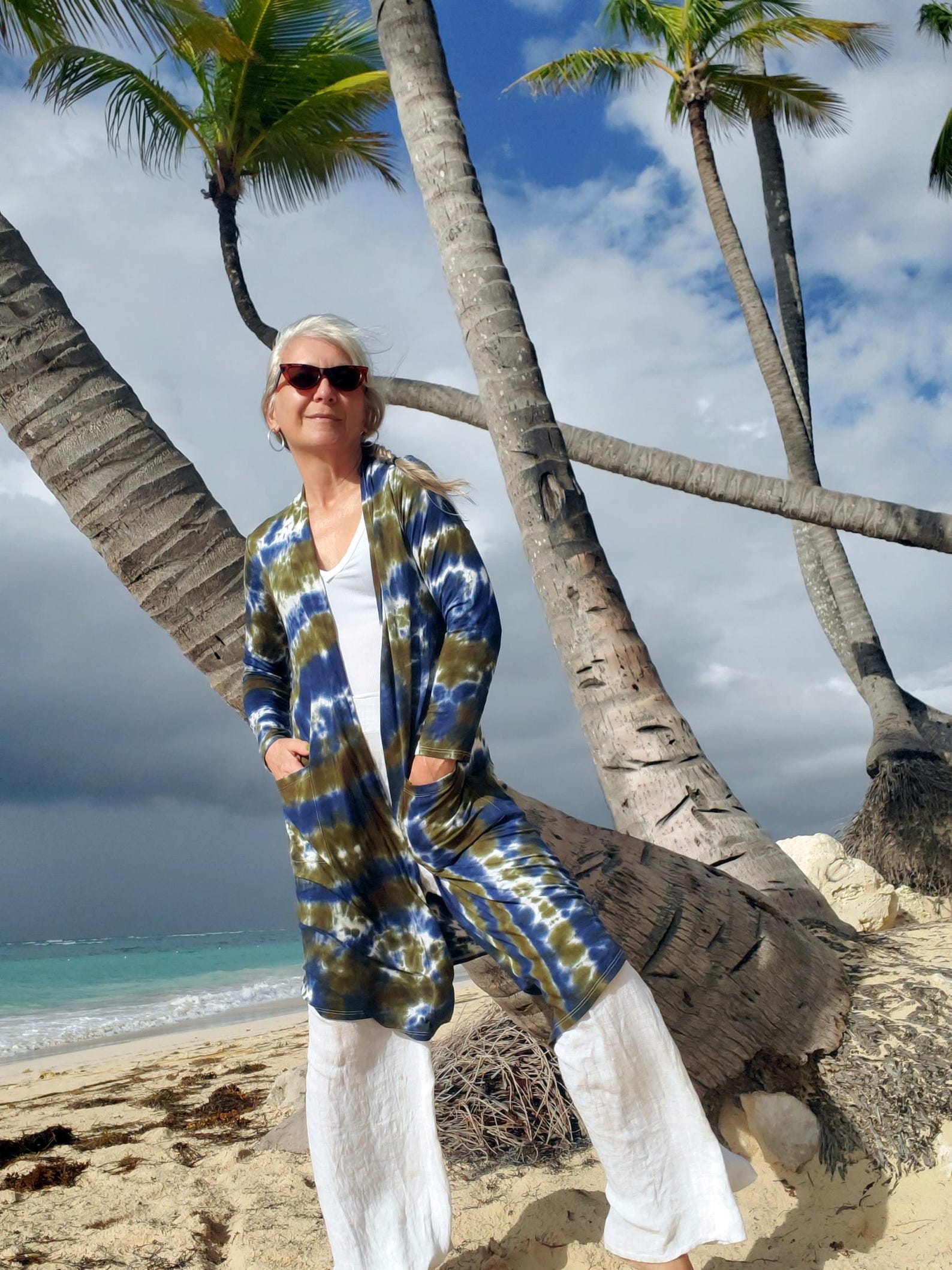 Olive And White Bamboo Tie Dye Long Sleeve With A-line  Cardigan Shark Bite Hems