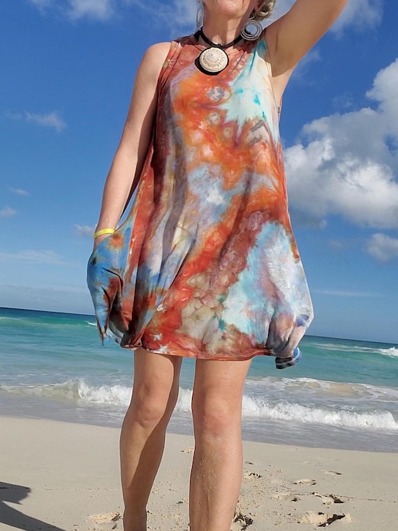 beach tunic mini dress Ice Dye or Dress, Color OASIS, S-3XL artisanal touch Soft ivory