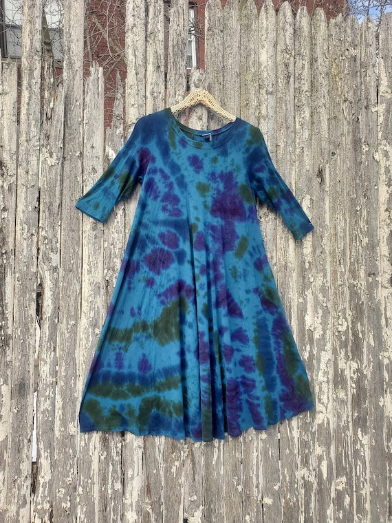 Dark Tie Dye Flowy Midi Dress, Greens and Purple