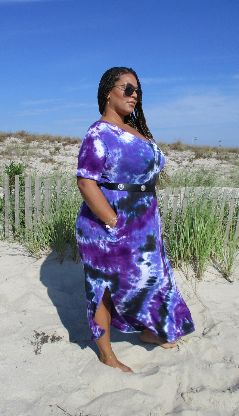 Plus Purple Maxi Dress, Tie Dye Dress with Pockets, Plus Size Tie Dye, S-4XL, Curvy image 4