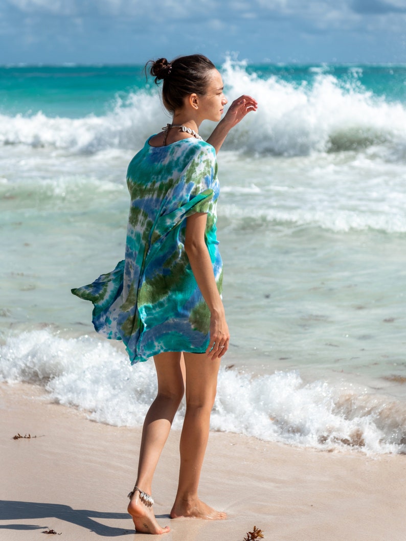 Blue & Green Tie Dye Beach Cover Up, Short or Long, 2 Sizes image 3