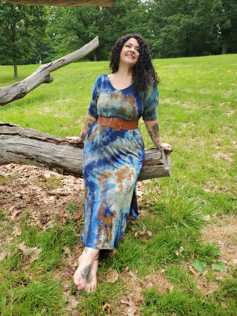 Long Earthy Tie Dye Dress with Pockets, Plus Size Tie Dye, S-4XL image 7