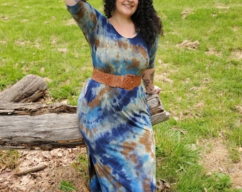 Long Earthy Tie Dye Dress with Pockets, Plus Size Tie Dye, S-4XL