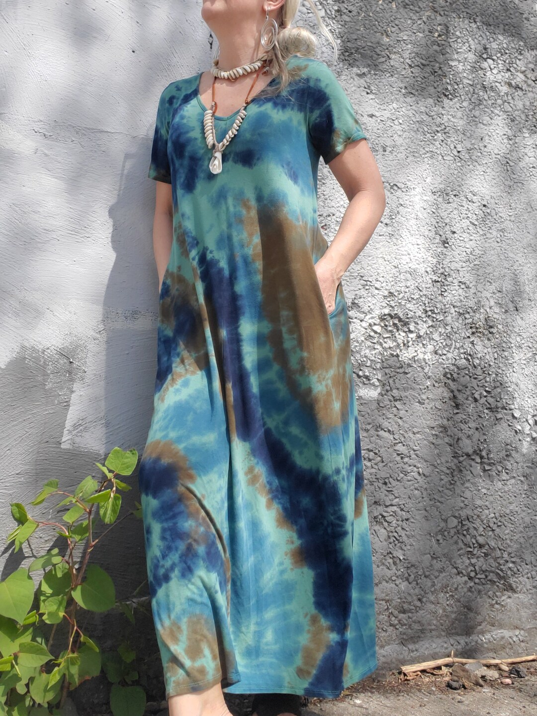 Maxi Green and Black Tie Dye Button Up Dress