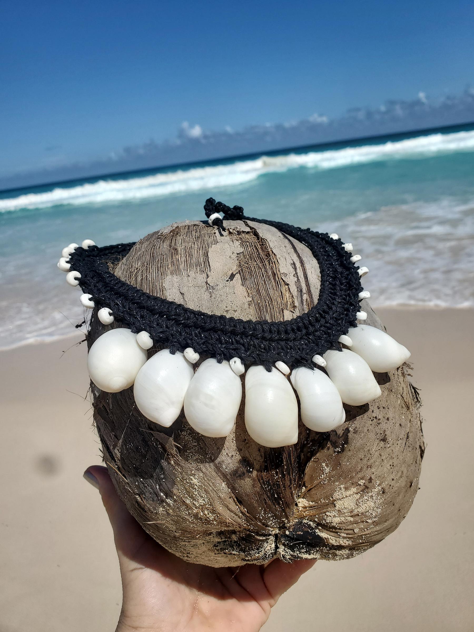 Extra Large Moon Shells Statement Necklace Crocheted with Black Cord