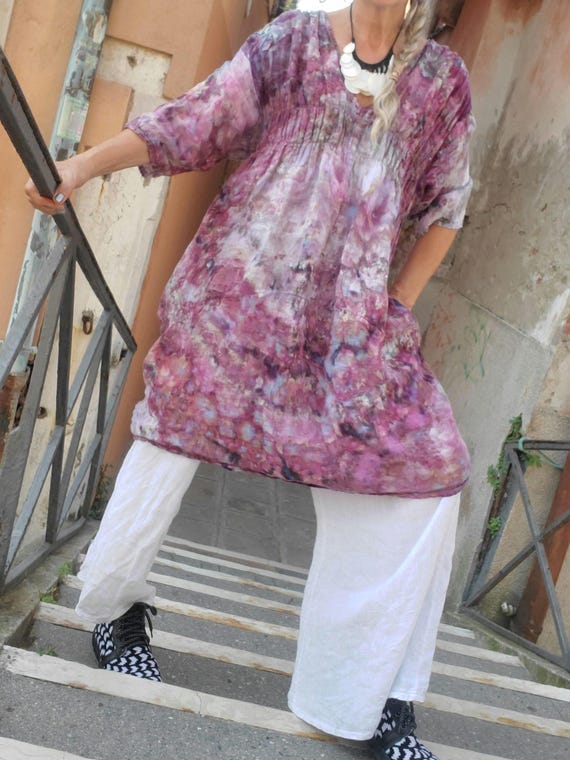 Gauzy Linen Dress or Tunic in Dusty Purple Ice Dye