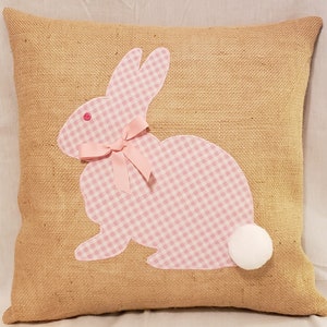 Appliqued Decorative Spring/Easter Pink Bunny Rabbit Burlap Pillow - 18" x 18" Pillow