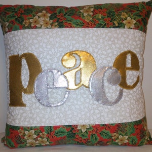 Silver/Gold/Red/Green Decorative &quot;Peace&quot; Christmas Pillow - 18&quot; x 18&quot; Pillow Insert Included