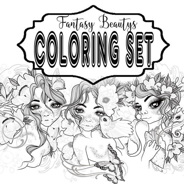 Coloring Set Fantasy Beautys Digital  Printable Mermaid Fairy Art